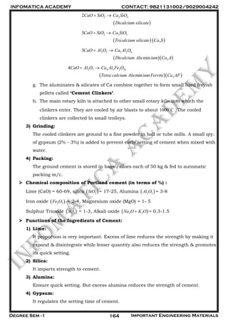INFOMATICA ACADEMY CONTACT: 9821131002/9029004242
Degree Sem - I Important Engineering Materials164
 
2 2 42CaO SiO Ca SiO
Dicalcium silicate
 
   
2 3 5
3
3CaO SiO Ca SiO
Tricalcium silicate Ca S
 
  
2 3 3 2 6
3
3
min
CaO Al O Ca Al O
Dicalcium Alu ium Ca A
 
  
2 3 4 2 2 10
3
4
min
CaO Al O Ca Al Fe O
Tetra calcium Alu iumFerrite Ca AF
 
g. The aluminates & silicates of Ca combine together to form small hard freyish
pellets called ‘Cement Clinkers’.
h. The main rotary kiln is attached to other small rotary kiln into which the
clinkers enter. They are cooled by air blasts to about 1000 C . The cooled
clinkers are collected In small trolleys.
3) Grinding:
The cooled clinkers are ground to a fine powder in ball or tube mills. A small qty.
of gypsum (2% - 3%) is added to prevent early setting of cement when mixed with
water.
4) Packing:
The ground cement is stored in bags /siloes each of 50 kg & fed to automatic
packing m/c.
 Chemical composition of Portland cement (in terms of %) :
Lime (CaO) = 60-69, silica  2SiO = 17-25, Alumina  2 3Al O = 3-8
Iron oxide  2 3Fe O = 2-4, Magnesium oxide (MgO) = 1- 5
Sulphur Trioxide  3SO = 1-3, Alkali oxide  2 2Na O K O = 0.3-1.5
 Functions of the Ingredients of Cement:
1) Lime:
It proportion is very important. Excess of lime reduces the strength by making it
expand & disintegrate while lesser quantity also reduces the strength & promotes
its quick setting.
2) Silica:
It imparts strength to cement.
3) Alumina:
Ensure quick setting. But excess alumina reduces the strength of cement.
4) Gypsum:
It regulates the setting time of cement.
 