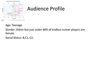Audience Profile
Age: Teenage
Gender: Either but just under 60% of endless runner players are
female
Social Status: B,C1, C2,
 