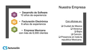 Nuestra Empresa
• Desarrollo de Software
10 años de experiencia
• Facturación Electrónica
6 años de experiencia
• Empresa Mexicana
con más de 6,000 clientes
Con oficinas en:
 Ciudad de Mexico
 Veracruz
 Bajío
 Cancún.
 Presencia en toda la
republica Mexicana.
 