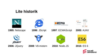 Lite historik
1995: Netscape 1996: JScript 1997: ECMAScript 2005: AJAX
2008: V8-motorn 2010: Node.JS2006: JQuery 2015: ES 6
 