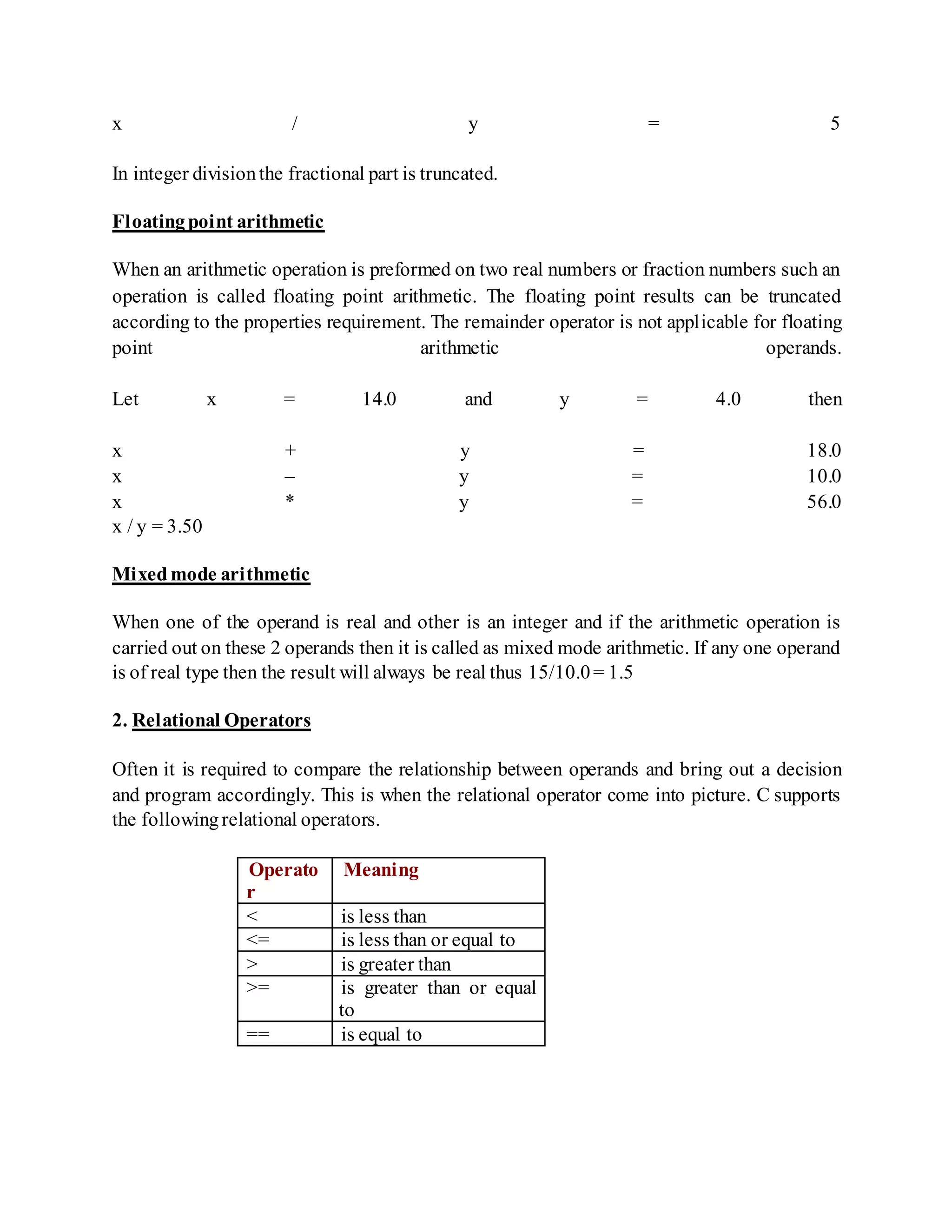 x / y = 5
In integer divisionthe fractional part is truncated.
Floatingpoint arithmetic
When an arithmetic operation is preformed on two real numbers or fraction numbers such an
operation is called floating point arithmetic. The floating point results can be truncated
according to the properties requirement. The remainder operator is not applicable for floating
point arithmetic operands.
Let x = 14.0 and y = 4.0 then
x + y = 18.0
x – y = 10.0
x * y = 56.0
x / y = 3.50
Mixedmode arithmetic
When one of the operand is real and other is an integer and if the arithmetic operation is
carried out on these 2 operands then it is called as mixed mode arithmetic. If any one operand
is of real type then the result will always be real thus 15/10.0= 1.5
2. Relational Operators
Often it is required to compare the relationship between operands and bring out a decision
and program accordingly. This is when the relational operator come into picture. C supports
the followingrelational operators.
Operato
r
Meaning
< is less than
<= is less than or equal to
> is greater than
>= is greater than or equal
to
== is equal to
 