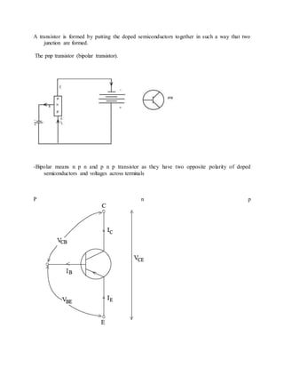A transistor is formed by putting the doped semiconductors together in such a way that two
junction are formed.
The pnp transistor (bipolar transistor).
-Bipolar means n p n and p n p transistor as they have two opposite polarity of doped
semiconductors and voltages across terminals
P n p
 