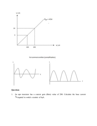 Questions
1. An npn transistor has a current gain (Beta) value of 200. Calculate the base current
required to switch a resister of 4µA.
 