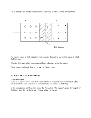 This is formed when P and N semiconductors are melted to form a junction between them
The marrow region at the P-n junction which contains the negative and positive charge is called
depletion layer.
A barrier dip is a p.d which oppose more diffusion of charges across the junction.
This is produced when the flow of +ve and -ve Charges ceases
P – N JUNCTION AS A RECTIFIER:
FORWARD BIAS.
Is said to be forward biased when its P- semiconductor is connected to the +ve terminals of the
battery and its N- Semi conductors is connected to the -ve terminal at the battery.
In this case electrons and holes flow across the P-n junction. This happen because the +ve pole of
the battery repel the +ve charge and –Ve pole rel the –ve charges.
 