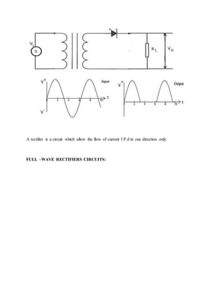 A rectifier is a circuit which allow the flow of current I P.d in one direction only:
FULL –WAVE RECTIFIERS CIRCUITS:
 
