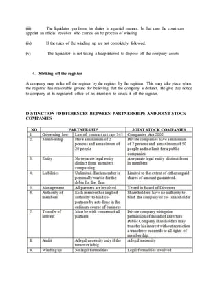 (iii) The liquidator performs his duties in a partial manner. In that case the court can
appoint an official receiver who carries on he process of winding
(iv) If the rules of the winding up are not completely followed.
(v) The liquidator is not taking a keep interest to dispose off the company assets
4. Striking off the register
A company may strike off the register by the register by the registrar. This may take place when
the registrar has reasonable ground for believing that the company is defunct. He give due notice
to company at its registered office of his intention to struck it off the register.
DISTINCTION / DIFFERENCES BETWEEN PARTNERSHIPS AND JOINT STOCK
COMPANIES
 