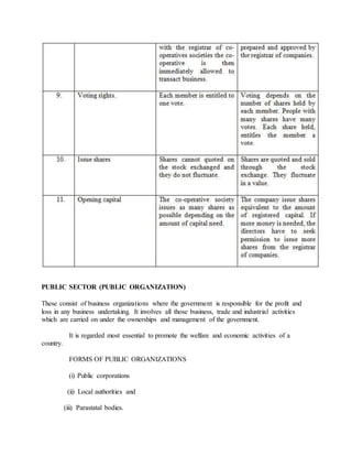 PUBLIC SECTOR (PUBLIC ORGANIZATION)
These consist of business organizations where the government is responsible for the profit and
loss in any business undertaking. It involves all those business, trade and industrial activities
which are carried on under the ownerships and management of the government.
It is regarded most essential to promote the welfare and economic activities of a
country.
FORMS OF PUBLIC ORGANIZATIONS
(i) Public corporations
(ii) Local authorities and
(iii) Parastatal bodies.
 