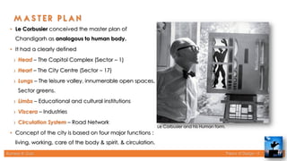 Rameez R. Gazi Theory of Design - II 17
Le Corbusier and his Human form.
• Le Corbusier conceived the master plan of
Chandigarh as analogous to human body.
• It had a clearly defined
› Head – The Capitol Complex (Sector – 1)
› Heart – The City Centre (Sector – 17)
› Lungs – The leisure valley, innumerable open spaces,
Sector greens.
› Limbs – Educational and cultural institutions
› Viscera – Industries
› Circulation System – Road Network
• Concept of the city is based on four major functions :
living, working, care of the body & spirit, & circulation.
 