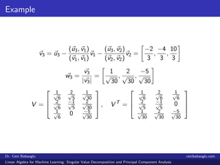 Example
v3 = u3 −
(u3, v1)
(v1, v1)
v1 −
(u3, v2)
(v2, v2)
v2 =
−2
3
,
−4
3
,
10
3
w3 =
v3
|v3|
=
1
√
30
,
2
√
30
,
−5
√
30
V =



1√
6
2√
5
1√
30
2√
6
−1√
5
2√
30
1√
6
0 −5√
30


 , V T
=



1√
6
2√
6
1√
6
2√
5
−1√
5
0
1√
30
2√
30
−5√
30



Dr. Ceni Babaoglu cenibabaoglu.com
Linear Algebra for Machine Learning: Singular Value Decomposition and Principal Component Analysis
 