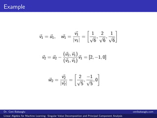 Example
v1 = u1, w1 =
v1
|v1|
=
1
√
6
,
2
√
6
,
1
√
6
v2 = u2 −
(u2, v1)
(v1, v1)
v1 = [2, −1, 0]
w2 =
v2
|v2|
=
2
√
5
,
−...