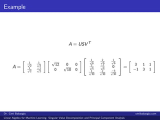 Example
A = USV T
A =
1√
2
1√
2
1√
2
−1√
2
√
12 0 0
0
√
10 0


1√
6
2√
6
1√
6
2√
5
−1√
5
0
1√
30
2√
30
−5√
30

 =
3 1 ...