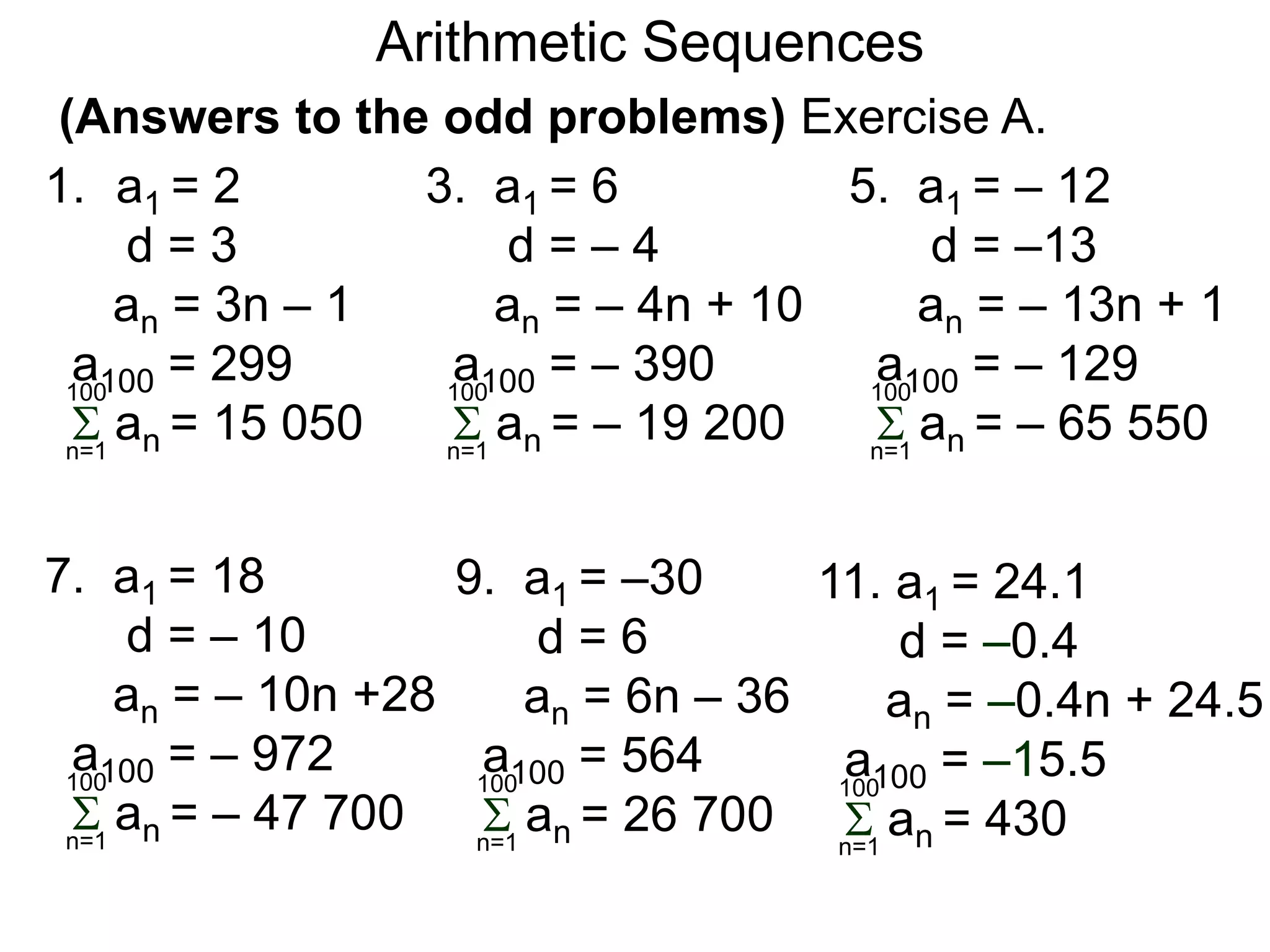 Arithmetic Sequences
1. a1 = 2
d = 3
an = 3n – 1
a100 = 299
 an = 15 050
(Answers to the odd problems) Exercise A.
n=1
100
3. a1 = 6
d = – 4
an = – 4n + 10
a100 = – 390
 an = – 19 200n=1
100
5. a1 = – 12
d = –13
an = – 13n + 1
a100 = – 129
 an = – 65 550n=1
100
7. a1 = 18
d = – 10
an = – 10n +28
a100 = – 972
 an = – 47 700n=1
100
9. a1 = –30
d = 6
an = 6n – 36
a100 = 564
 an = 26 700n=1
100
11. a1 = 24.1
d = –0.4
an = –0.4n + 24.5
a100 = –15.5
 an = 430n=1
100
 