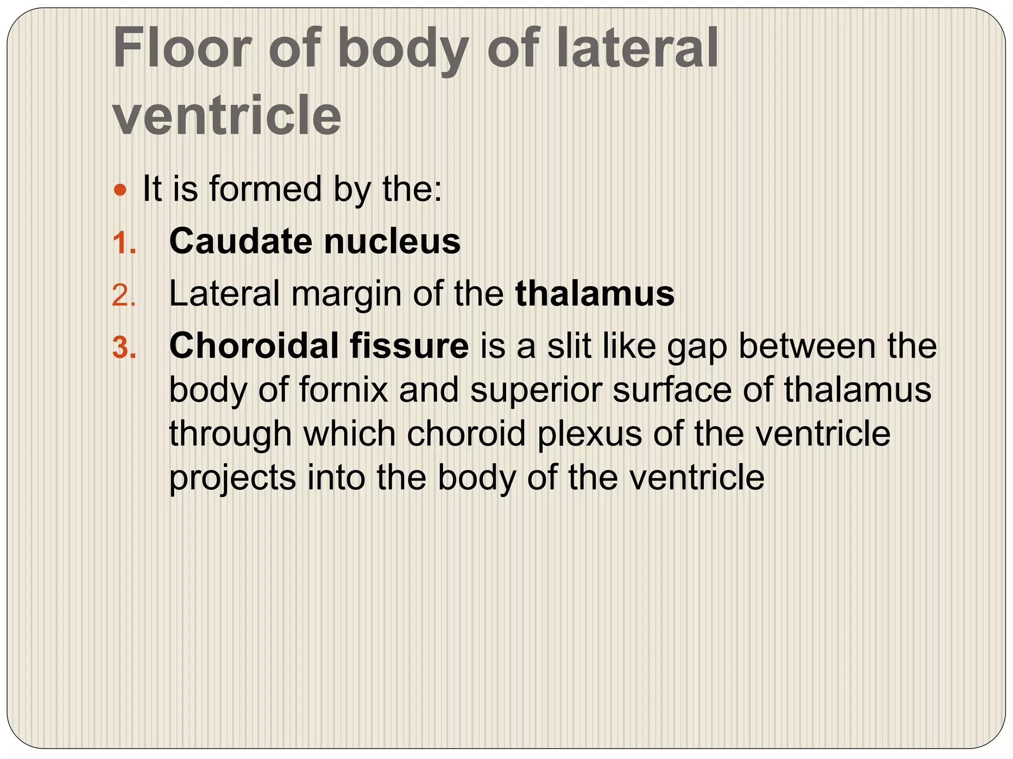 Floor of body of lateral
ventricle
 It is formed by the:
1. Caudate nucleus
2. Lateral margin of the thalamus
3. Choroidal fissure is a slit like gap between the
body of fornix and superior surface of thalamus
through which choroid plexus of the ventricle
projects into the body of the ventricle
 