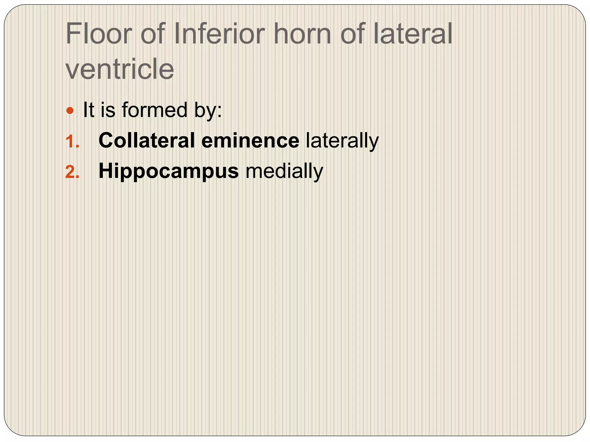 Floor of Inferior horn of lateral
ventricle
 It is formed by:
1. Collateral eminence laterally
2. Hippocampus medially
 