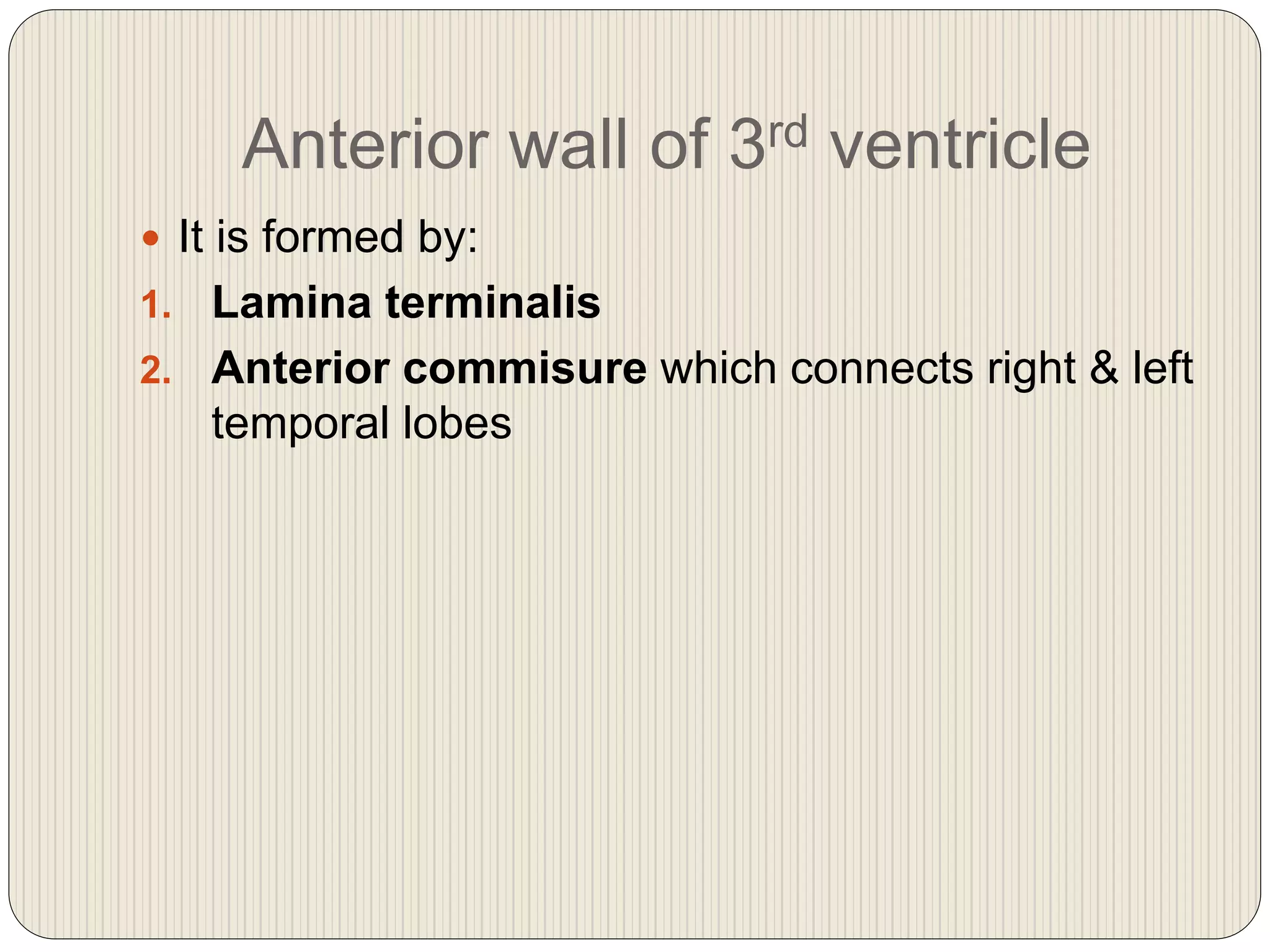 Anterior wall of 3rd ventricle
 It is formed by:
1. Lamina terminalis
2. Anterior commisure which connects right & left
temporal lobes
 