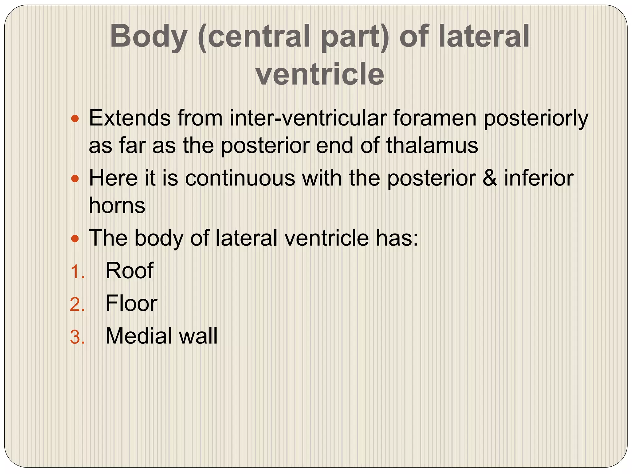 Body (central part) of lateral
ventricle
 Extends from inter-ventricular foramen posteriorly
as far as the posterior end of thalamus
 Here it is continuous with the posterior & inferior
horns
 The body of lateral ventricle has:
1. Roof
2. Floor
3. Medial wall
 