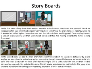 Story Boards
In the first scene of my short film I want to have the main character introduced, the approach I took for
introducing him was him in his bedroom worrying about something, the character does not show what he
is worried about but it gives the audience an Idea that it is not about anything good. The scene begins with
a shot of a rain window, we then see him sat on his bed then him moving towards the mirror looking
frustrated.
In the second scene we see the main character be confronted about his suspicious behaviour by a care
worker, we learn that the main character has been going through a tough life because we learn that he is in
care. The scene starts with the main character choosing to take a knife away with him, we then see the
care worker approach him and give him some friendly advice about reaching out for help. The scene ends
with the main character walking away not taking any notice of what he has been told.
 