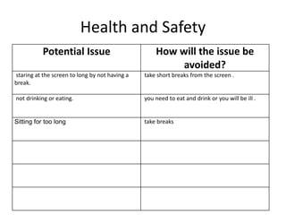 Health and Safety
Potential Issue How will the issue be
avoided?
staring at the screen to long by not having a
break.
take short breaks from the screen .
not drinking or eating. you need to eat and drink or you will be ill .
Sitting for too long take breaks
 