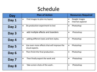 Schedule
Day Plan of Action Resources Required
Day 1  Find images to plan my layout.  Google images
 Internet explorer
Day 2  Do production experiment to test  Photoshop
Day 3  add multiple effects and boarders  Photoshop
Day 4  adding different texts and font styles.  Photoshop
Day 5  Use even more effects that will improve the
visual aspects.
 Photoshop
Day 6  Then finish the final production .  Photoshop
Day 7  Then finally export the work and  Photoshop
Day 8  Take screen shots of the work .  Photoshop
 