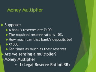 Money Multiplier Continued
 The Money Multiplier tells us:
For each rupees the RBI increases reserves
by, how much can d...