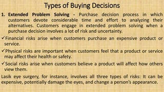 Types of Buying Decisions
1. Extended Problem Solving - Purchase decision process in which
customers devote considerable time and effort to analyzing their
alternatives. Customers engage in extended problem solving when a
purchase decision involves a lot of risk and uncertainty.
Financial risks arise when customers purchase an expensive product or
service.
Physical risks are important when customers feel that a product or service
may affect their health or safety.
Social risks arise when customers believe a product will affect how others
view them.
Lasik eye surgery, for instance, involves all three types of risks: It can be
expensive, potentially damage the eyes, and change a person’s appearance.
 