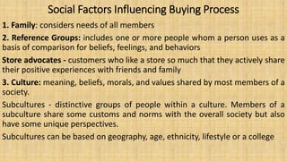 Social Factors Influencing Buying Process
1. Family: considers needs of all members
2. Reference Groups: includes one or more people whom a person uses as a
basis of comparison for beliefs, feelings, and behaviors
Store advocates - customers who like a store so much that they actively share
their positive experiences with friends and family
3. Culture: meaning, beliefs, morals, and values shared by most members of a
society.
Subcultures - distinctive groups of people within a culture. Members of a
subculture share some customs and norms with the overall society but also
have some unique perspectives.
Subcultures can be based on geography, age, ethnicity, lifestyle or a college
 