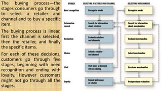 The buying process—the
stages consumers go through
to select a retailer and
channel and to buy a specific
item.
The buying process is linear,
first the channel is selected,
then the retailer, and finally
the specific items.
For each of these decisions,
customers go through five
stages, beginning with need
recognition and ending with
loyalty. However customers
might not go through all the
stages.
 