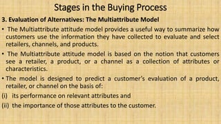 Stages in the Buying Process
3. Evaluation of Alternatives: The Multiattribute Model
• The Multiattribute attitude model provides a useful way to summarize how
customers use the information they have collected to evaluate and select
retailers, channels, and products.
• The Multiattribute attitude model is based on the notion that customers
see a retailer, a product, or a channel as a collection of attributes or
characteristics.
• The model is designed to predict a customer’s evaluation of a product,
retailer, or channel on the basis of:
(i) its performance on relevant attributes and
(ii) the importance of those attributes to the customer.
 
