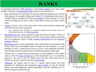 RANKS
As geological processes apply pressure to dead biotic material over time, under
suitable conditions, its metamorphic grade increases successively into:
• Peat, considered to be a precursor of coal, has industrial importance as a fuel in
some regions, for example, Ireland and Finland. In its dehydrated form, peat is
a highly effective absorbent for fuel and oil spills on land and water. It is also
used as a conditioner for soil to make it more able to retain and slowly release
water.
• Lignite, or brown coal, is the lowest rank of coal and used almost exclusively
as fuel for electric power generation.
– Jet, a compact form of lignite, is sometimes polished and has been used as an
ornamental stone since the Upper Palaeolithic.
• Sub-bituminous coal, whose properties range from those of lignite to those of
bituminous coal, is used primarily as fuel for steam-electric power generation
and is an important source of light aromatic hydrocarbons for the chemical
synthesis industry.
• Bituminous coal is a dense sedimentary rock, usually black, but sometimes dark
brown, often with well-defined bands of bright and dull material; it is used
primarily as fuel in steam-electric power generation, with substantial quantities
used for heat and power applications in manufacturing and to make coke.
• "Steam coal" is a grade between bituminous coal and anthracite, once widely
used as a fuel for steam locomotives. In this specialized use, it is sometimes
known as "sea coal" in the US. Small steam coal (dry small steam nuts or
DSSN) was used as a fuel for domestic water heating.
• Anthracite, the highest rank of coal, is a harder, glossy black coal used
primarily for residential and commercial space heating. It may be divided
further into metamorphically altered bituminous coal and "petrified oil", as
from the deposits in Pennsylvania.
 