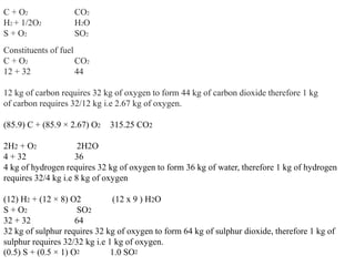 C + O2 CO2
H2 + 1/2O2 H2O
S + O2 SO2
Constituents of fuel
C + O2 CO2
12 + 32 44
12 kg of carbon requires 32 kg of oxygen to form 44 kg of carbon dioxide therefore 1 kg
of carbon requires 32/12 kg i.e 2.67 kg of oxygen.
(85.9) C + (85.9 × 2.67) O2 315.25 CO2
2H2 + O2 2H2O
4 + 32 36
4 kg of hydrogen requires 32 kg of oxygen to form 36 kg of water, therefore 1 kg of hydrogen
requires 32/4 kg i.e 8 kg of oxygen
(12) H2 + (12 × 8) O2 (12 x 9 ) H2O
S + O2 SO2
32 + 32 64
32 kg of sulphur requires 32 kg of oxygen to form 64 kg of sulphur dioxide, therefore 1 kg of
sulphur requires 32/32 kg i.e 1 kg of oxygen.
(0.5) S + (0.5 × 1) O2 1.0 SO2
 