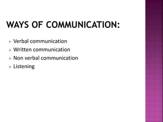  Verbal communication
 Written communication
 Non verbal communication
 Listening
 