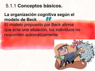 “
5.1.1 Conceptos básicos.
La organización cognitiva según el
modelo de Beck
El modelo propuesto por Beck afirma
que ante una situación, los individuos no
responden automáticamente.
 