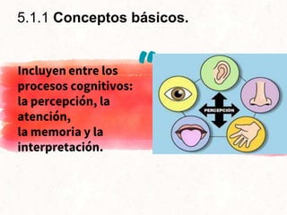 “Incluyen entre los
procesos cognitivos:
la percepción, la
atención,
la memoria y la
interpretación.
5.1.1 Conceptos básicos.
 