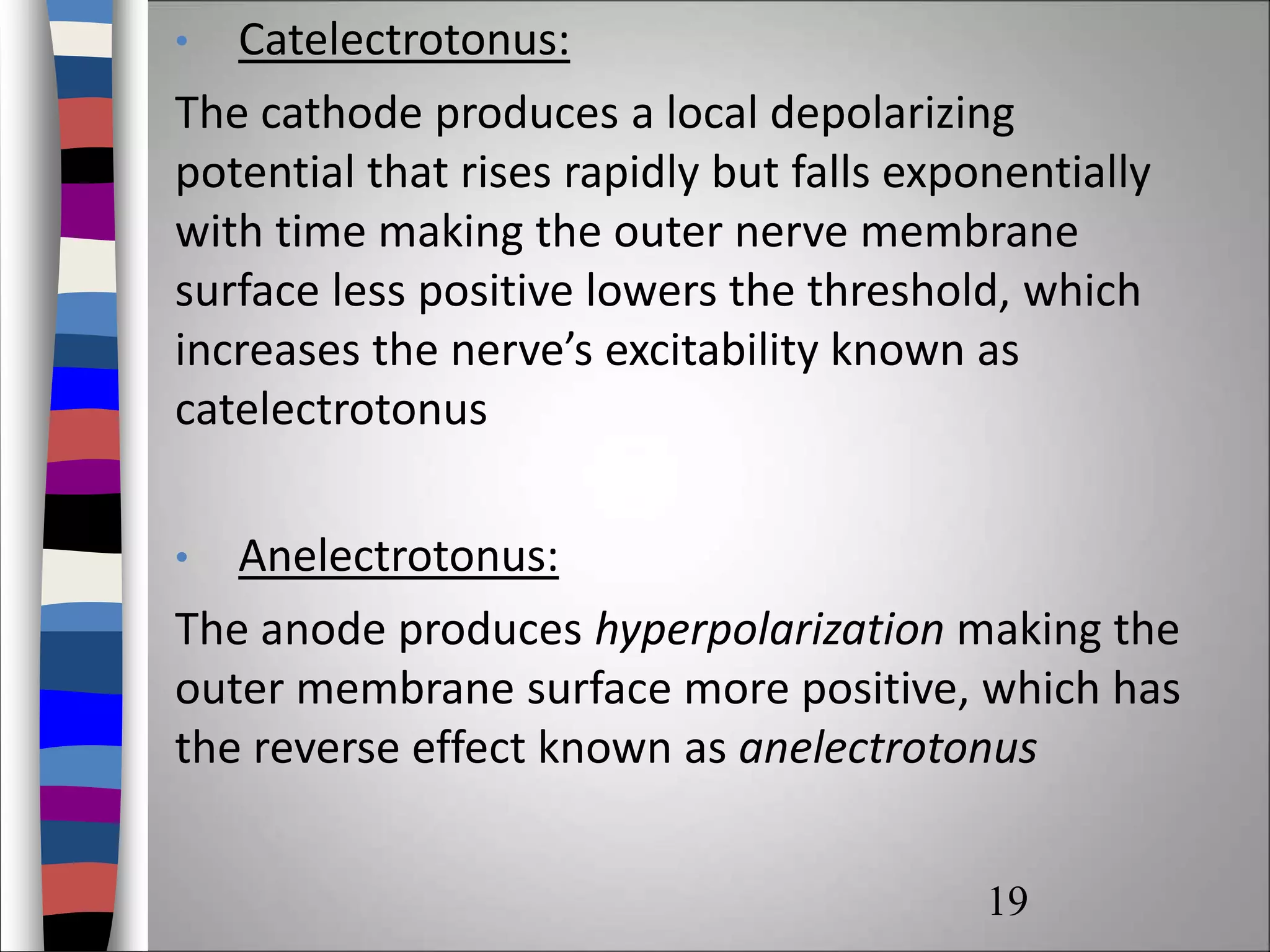 • Catelectrotonus:
The cathode produces a local depolarizing
potential that rises rapidly but falls exponentially
with time making the outer nerve membrane
surface less positive lowers the threshold, which
increases the nerve’s excitability known as
catelectrotonus
• Anelectrotonus:
The anode produces hyperpolarization making the
outer membrane surface more positive, which has
the reverse effect known as anelectrotonus
19
 