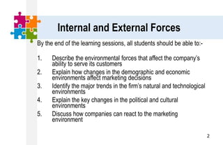 Internal and External Forces
By the end of the learning sessions, all students should be able to:-
1. Describe the environmental forces that affect the company’s
ability to serve its customers
2. Explain how changes in the demographic and economic
environments affect marketing decisions
3. Identify the major trends in the firm’s natural and technological
environments
4. Explain the key changes in the political and cultural
environments
5. Discuss how companies can react to the marketing
environment
2
 
