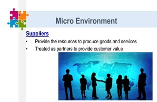 Suppliers
• Provide the resources to produce goods and services
• Treated as partners to provide customer value
Micro Environment
 