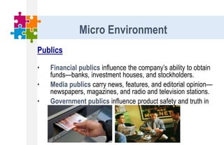 Publics
• Financial publics influence the company’s ability to obtain
funds—banks, investment houses, and stockholders.
• Media publics carry news, features, and editorial opinion—
newspapers, magazines, and radio and television stations.
• Government publics influence product safety and truth in
advertising.
Micro Environment
 