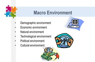 • Demographic environment
• Economic environment
• Natural environment
• Technological environment
• Political environment
• Cultural environment
Macro Environment
 