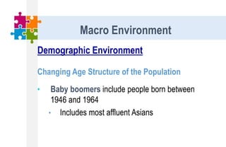 Demographic Environment
Changing Age Structure of the Population
• Baby boomers include people born between
1946 and 1964
• Includes most affluent Asians
Macro Environment
 