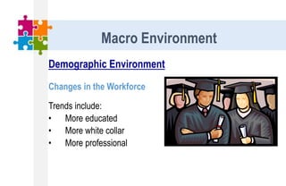 Demographic Environment
Changes in the Workforce
Trends include:
• More educated
• More white collar
• More professional
Macro Environment
 