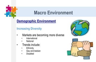 Demographic Environment
Increasing Diversity
• Markets are becoming more diverse
• International
• National
• Trends include:
• Ethnicity
• Gay and lesbian
• Disabled
Macro Environment
 