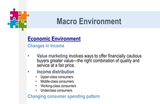 Economic Environment
Changes in Income
• Value marketing involves ways to offer financially cautious
buyers greater value—the right combination of quality and
service at a fair price.
• Income distribution
• Upper-class consumers
• Middle-class consumers
• Working-class consumers
• Underclass consumers
Changing consumer spending pattern
Macro Environment
 