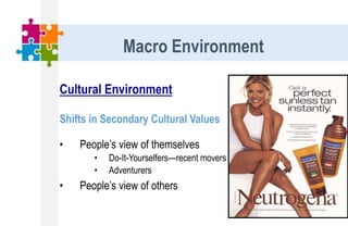 Cultural Environment
Shifts in Secondary Cultural Values
• People’s view of themselves
• Do-It-Yourselfers—recent movers
• Adventurers
• People’s view of others
Macro Environment
 