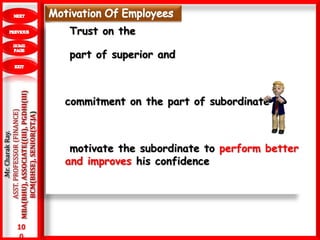 10
0
.Mr.CharakRay.
ASST.PROFESSOR(FINANCE)
MBA(BHU),ASSOCIATE((III),PGDHI(III)
BCM(BHSE),SENIOR(ST.JA) Trust on the
part of superior and
commitment on the part of subordinate
motivate the subordinate to perform better
and improves his confidence
 