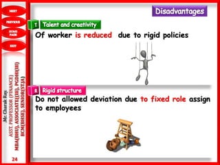 24
.Mr.CharakRay.
ASST.PROFESSOR(FINANCE)
MBA(BHU),ASSOCIATE((III),PGDHI(III)
BCM(BHSE),SENIOR(ST.JA)
Of worker is reduced due to rigid policies
Do not allowed deviation due to fixed role assign
to employees
 