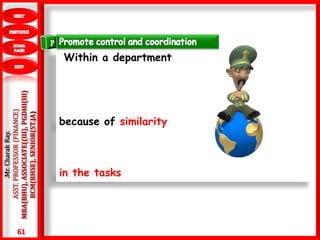 61
.Mr.CharakRay.
ASST.PROFESSOR(FINANCE)
MBA(BHU),ASSOCIATE((III),PGDHI(III)
BCM(BHSE),SENIOR(ST.JA)
Within a department
because of similarity
in the tasks
 