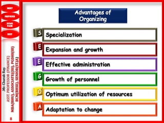 8
.Mr.CharakRay.
ASST.PROFESSOR(FINANCE)
MBA(BHU),ASSOCIATE((III),PGDHI(III)
BCM(BHSE),SENIOR(ST.JA)
Specialization
Expansion and growth
Effective administration
Growth of personnel
Optimum utilization of resources
Adaptation to change
 