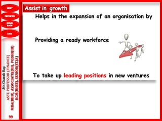 99
.Mr.CharakRay.
ASST.PROFESSOR(FINANCE)
MBA(BHU),ASSOCIATE((III),PGDHI(III)
BCM(BHSE),SENIOR(ST.JA) Helps in the expansion of an organisation by
Providing a ready workforce
To take up leading positions in new ventures
 