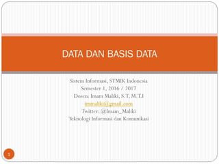 Sistem Informasi, STMIK Indonesia
Semester 1, 2016 / 2017
Dosen: Imam Maliki, S.T, M.T.I
immaliki@gmail.com
Twitter: @Imam_Maliki
Teknologi Informasi dan Komunikasi
DATA DAN BASIS DATA
1
 