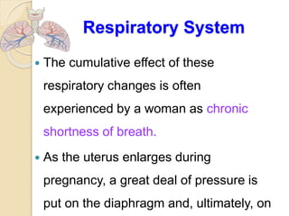 Respiratory System
 The cumulative effect of these
respiratory changes is often
experienced by a woman as chronic
shortness of breath.
 As the uterus enlarges during
pregnancy, a great deal of pressure is
put on the diaphragm and, ultimately, on
 
